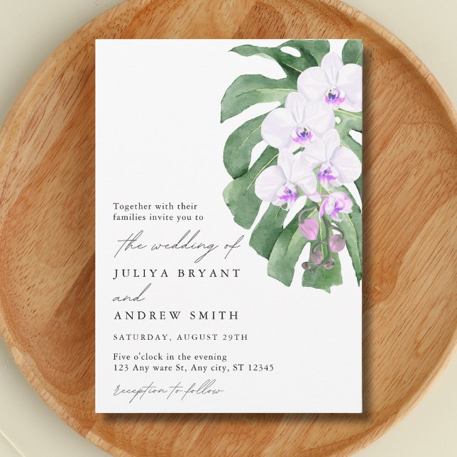Convite White Orchid on Tropical leaf script wedding (Criador carregado)