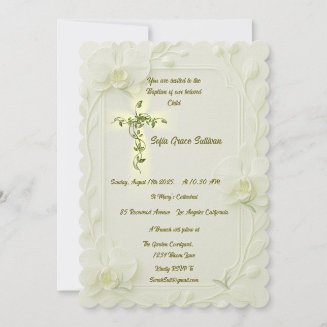 Convite White Orchid & Vine Baptism  (Frente)