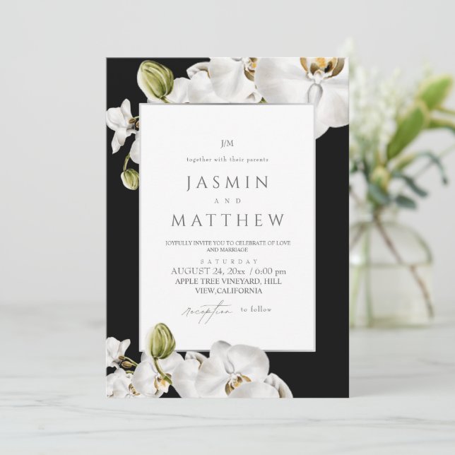 Convite White Orchids Frame Elegant Wedding (Em pé/Frente)