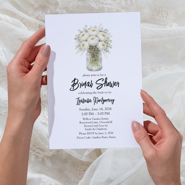 Convite White Palette Ranunculus Mason Jar Bridal Shower (White Palette Ranunculus Mason Jar Bridal Shower Invitations
)