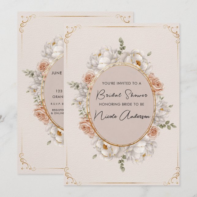 Convite White Peony & Blush Rose Floral Bridal (Frente/Verso)