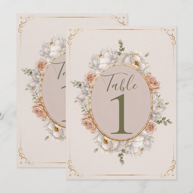 Convite White Peony & Blush Rose Floral Table Numbers (Frente/Verso)