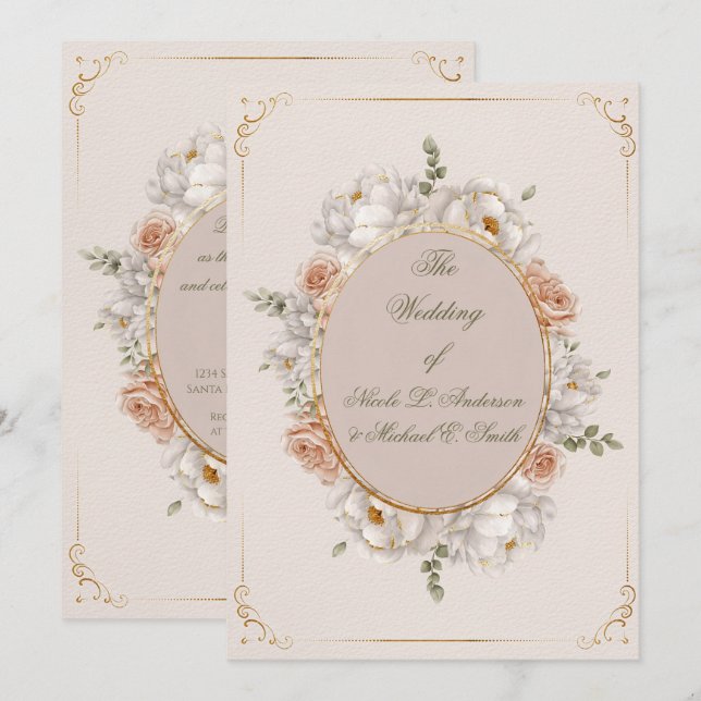 Convite White Peony & Blush Rose Floral Wedding  (Frente/Verso)
