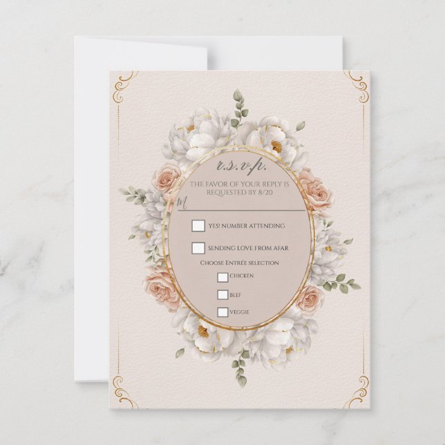 Convite White Peony & Blush Rose Floral Wedding RSVP (Frente)