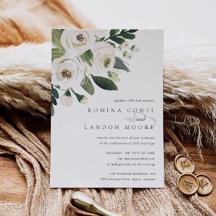 Convite White Peony Watercolor Floral Wedding