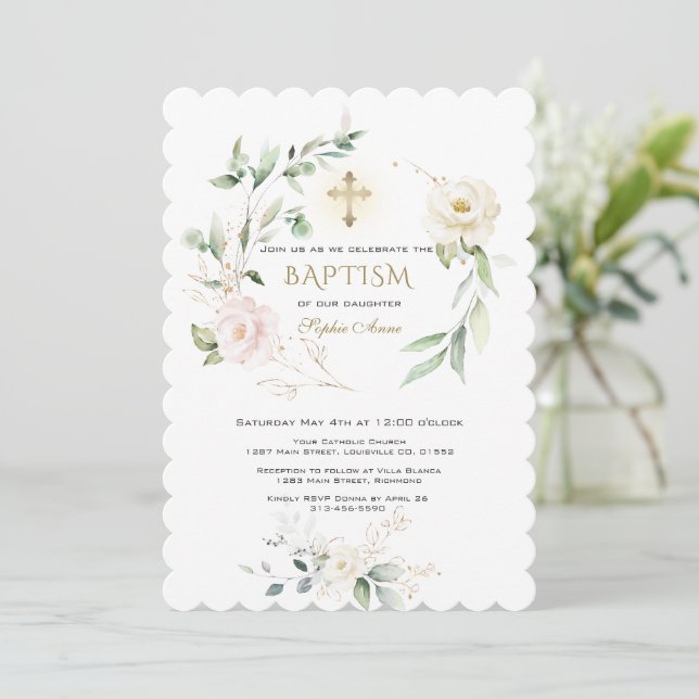 Convite White Pink Floral Greenery Gold Cross Baptism  (Em pé/Frente)