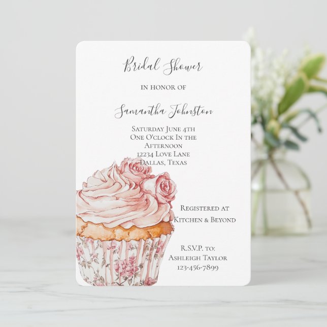 Convite White Pink Roses Floral Cupcake Bridal Shower (Em pé/Frente)