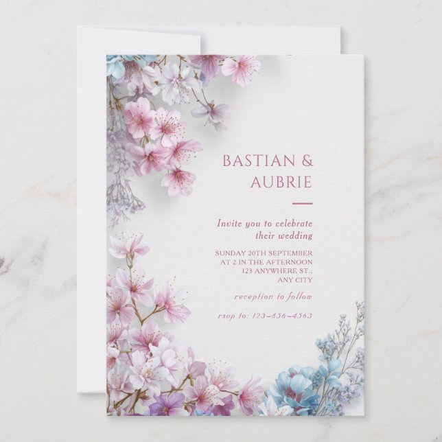 Convite White Plaster Pink Sakura Botanical Border Wedding (Frente)