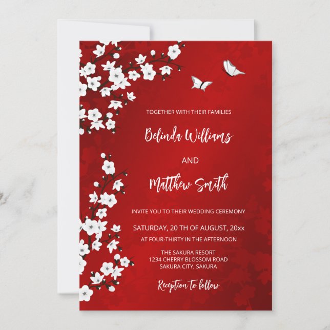 Convite White  Red Cherry Blossom | Wedding (Frente)