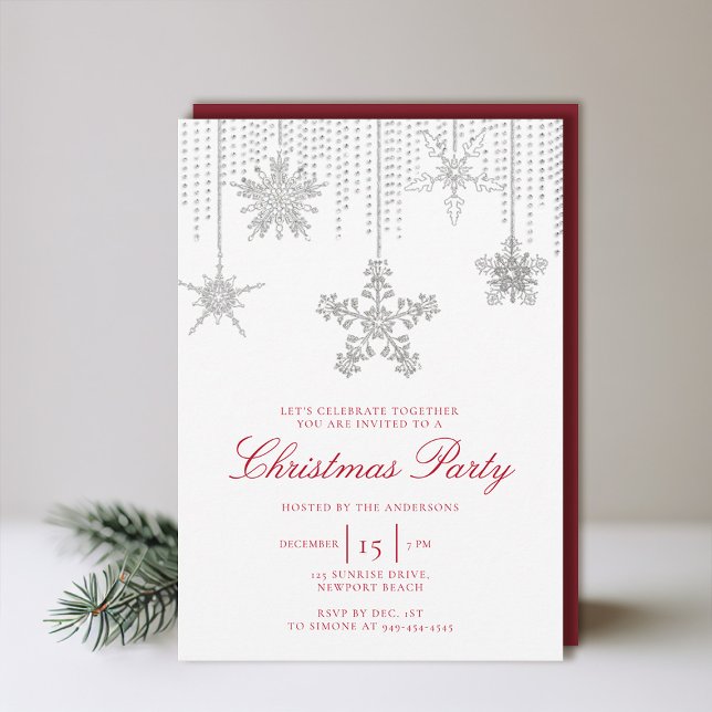 Convite White Red Glitter Sparkle Floco de Neve Natal (christmas party invitation elegant snowflakes sparkles minimalist modern red white black glitter)