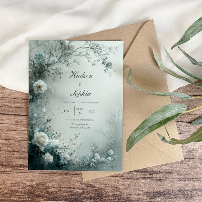 Convite White Rose and Dusty Blue Mist Winter Wedding (Criador carregado)