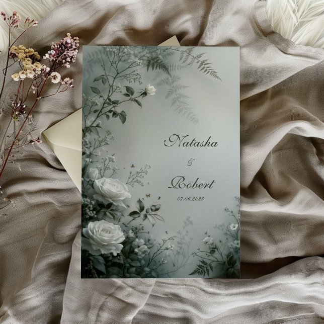Convite White Rose and Dusty Gray Fern Winter Wedding (Criador carregado)