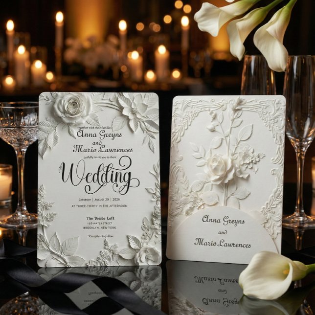 Convite White Rose Bas Relief Faux Embossed Wedding  (Criador carregado)
