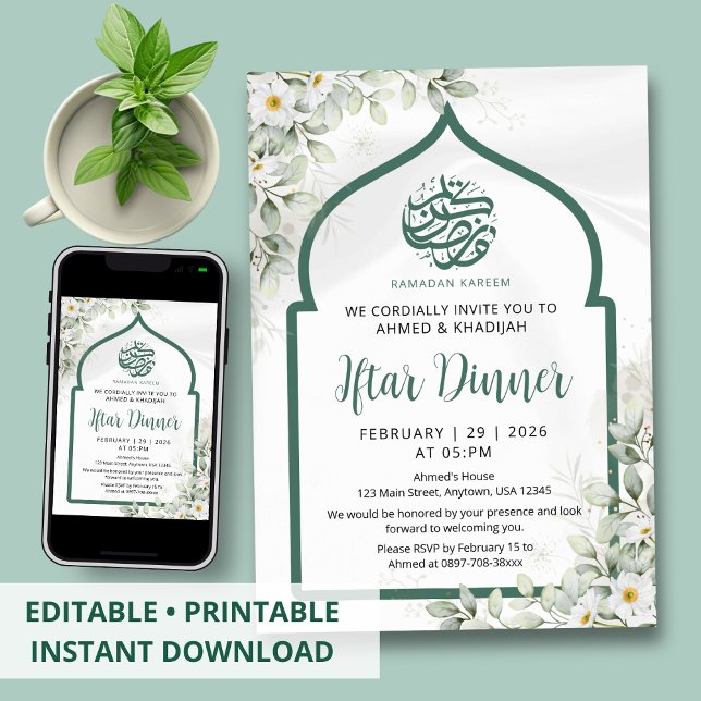 Convite White Rose Green Arch Ramadan Iftar Invitation (Criador carregado)