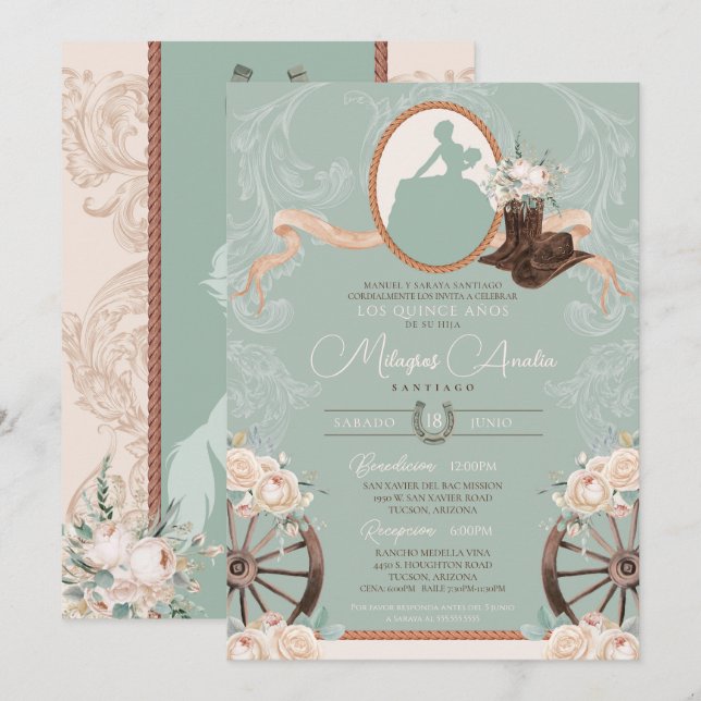Convite White Rose Mint Elegante Charro Western Quinceaner (Frente/Verso)