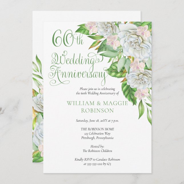Convite White Rose Orchid 60th Wedding Anniversary Party  (Frente/Verso)