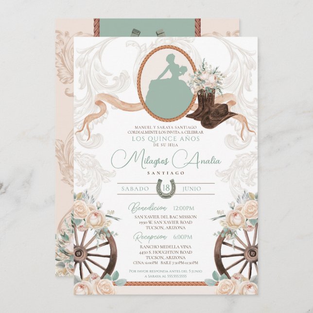 Convite White Rose Sage Elegante Charro Western Quinceaner (Frente/Verso)