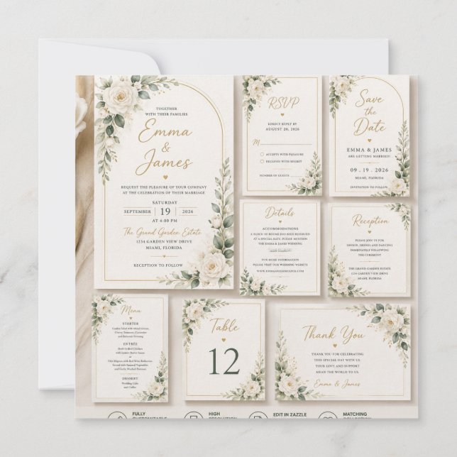 Convite   White Rose Sage Green Wedding Invitation (Verso)