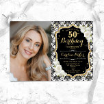 Convite White Roses Black White Damask Foto 50th Birthday<br><div class="desc">Elegante convite floral feminino para o 50º aniversário com sua foto. Design branco preto de vidro com ouro brilhante. Apresenta cor damasco preta e branca, rosas, fonte de script e confetti. Perfeito para uma festa de comemoração de na moda adulto. Personalize com seus próprios detalhes. Pode ser personalizado para qualquer...</div>