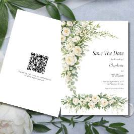 Convite White Roses Cream Wedding Save The Date QR Code