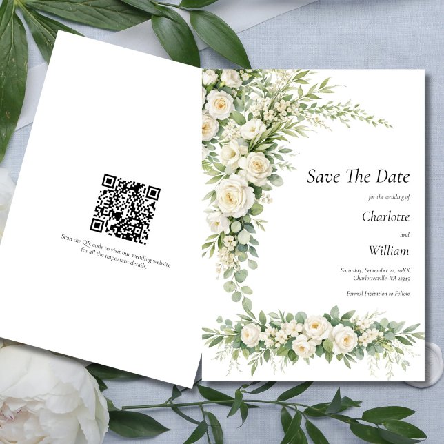 Convite White Roses Cream Wedding Save The Date QR Code (White Roses Cream Florals Watercolor Elegant Wedding Save the date card)