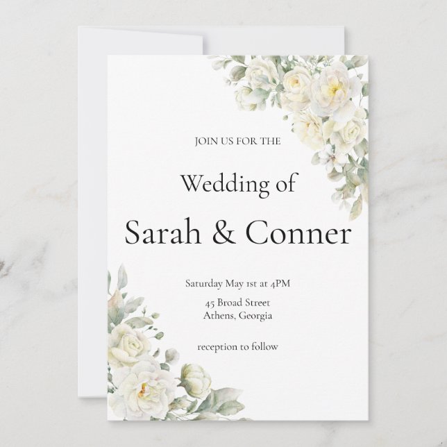 Convite White Roses Modern Wedding Invitation (Frente)