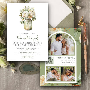 Convite White Roses Sage Deixa Casamento de Código QR Maso