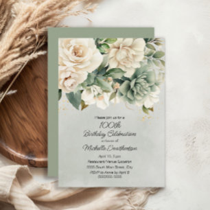 Convite White Sage Green Floral Dourado 100º aniversário