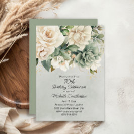 Convite White Sage Green Floral Dourado 70 Aniversário