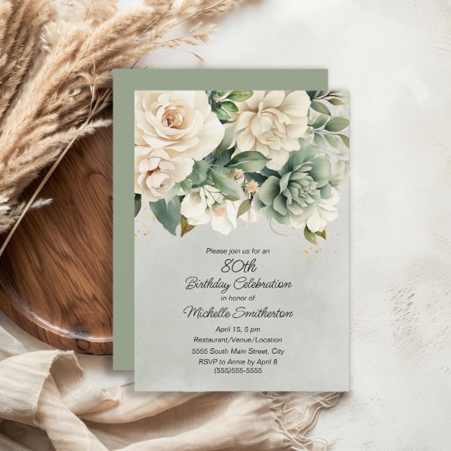Convite White Sage Green Floral Dourado 80 Aniversário (White floral on sage green 80th birthday party invitation)