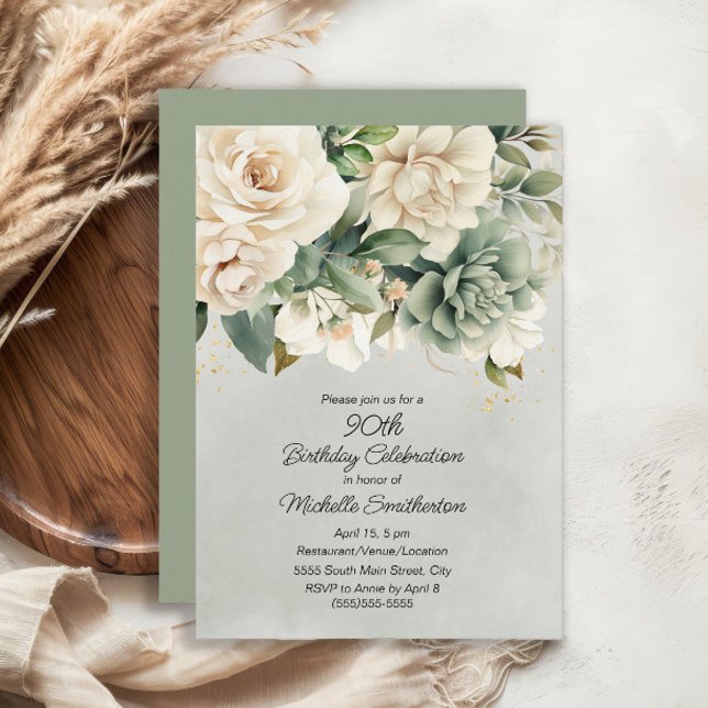 Convite White Sage Green Floral Dourado 90 Aniversário (White and sage green floral 90th birthday party invitation)
