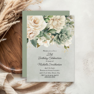 Convite White Sage Green Floral Dourado aniversário de 21 