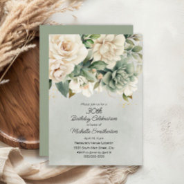 Convite White Sage Green Floral Dourado aniversário de 30