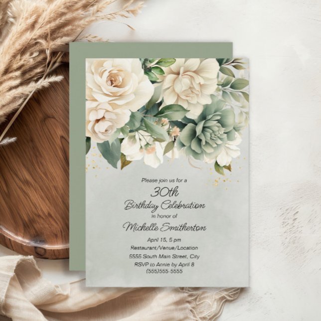Convite White Sage Green Floral Dourado aniversário de 30  (White and sage green floral 30th birthday invitation)