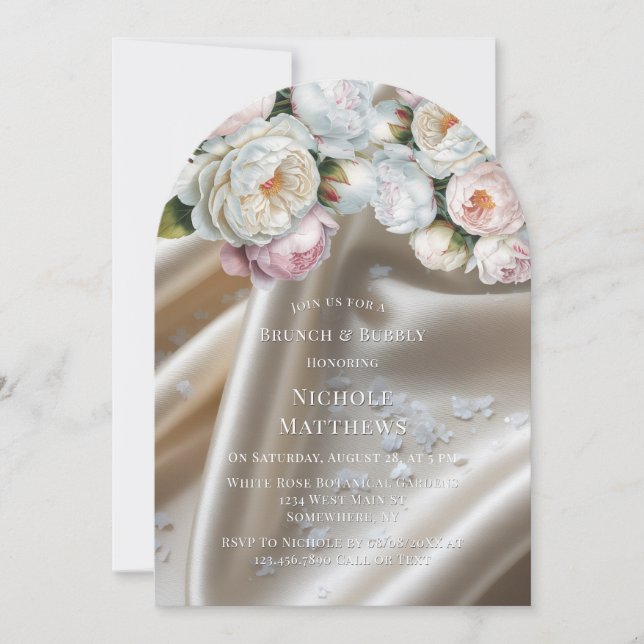 Convite White Satin Roses and Peony Brunch & Bubbly (Frente)