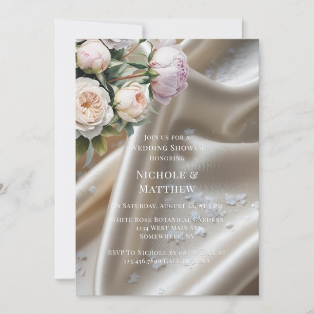 Convite White Satin with Roses and Peony Wedding Shower (Frente)