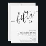 Convite White Script Minimalista Moderno 50º Aniversário<br><div class="desc">Escrito Elegante moderno White 50th Aniversário. Design de modelo de convite de 50 anos minimalista com caligrafia escrita à mão.</div>