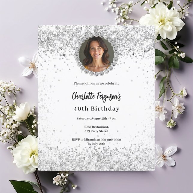 Convite White silver photo diamonds birthday (Criador carregado)