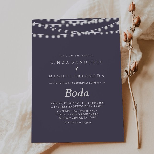Convite White String Luzes Boda Casamento Espanhol (Criador carregado)