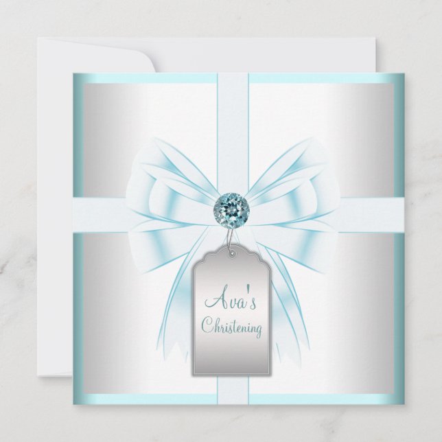 Convite White Teal Blue Baby Baptism Christening (Frente)