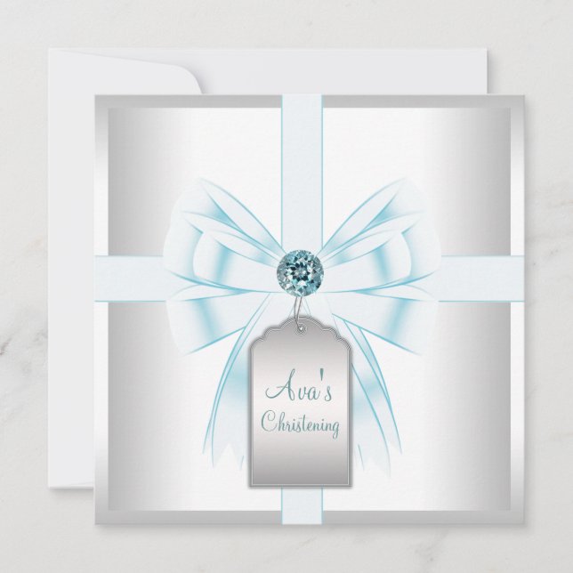 Convite White Teal Blue Baby Baptism Christening (Frente)