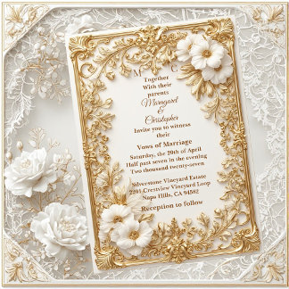Convite White Tulips Gold Ornate Baroque Grandeur Wedding 