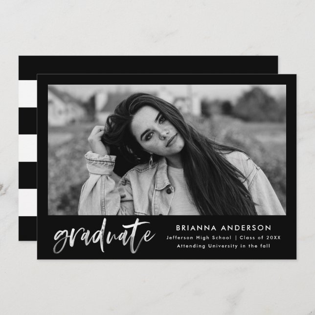 Convite White Watercolor Brush Script Graduation Party (Frente/Verso)