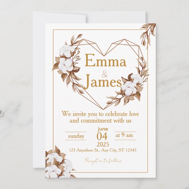 Convite White Wedding Invite with Elegant Heart & Roses (Frente)