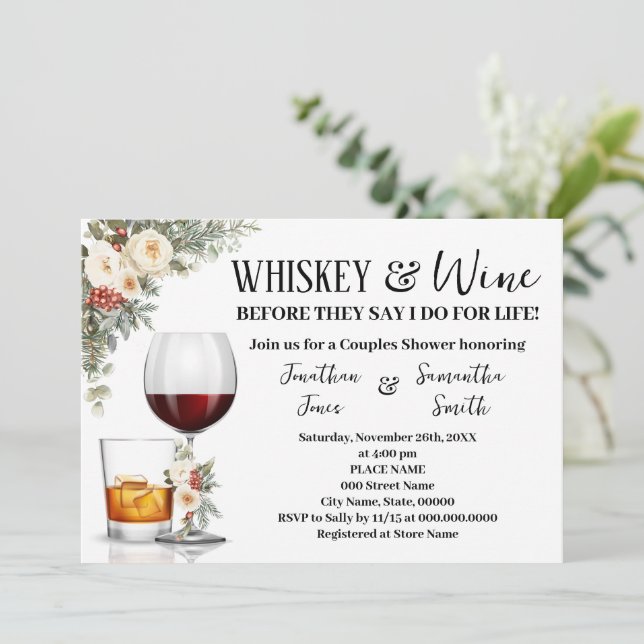 Convite White Winter Floral Whiskey & Wine Couples Shower (Em pé/Frente)