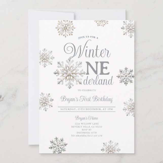 Convite White Winter Onederland Silver Snowflakes Birthday (Frente)