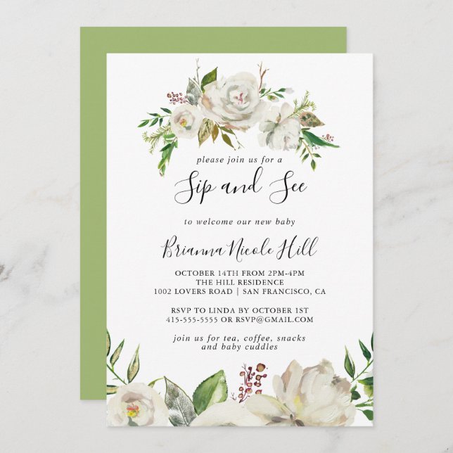 Convite White Winter Peony Floral Sip and See (Frente/Verso)