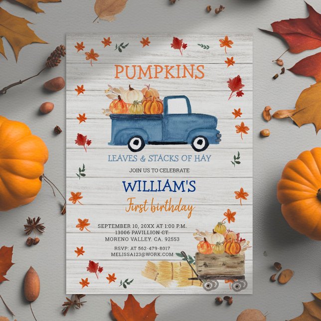 Convite White Wood Primeiro aniversário de caminhão azul r (Criador carregado)