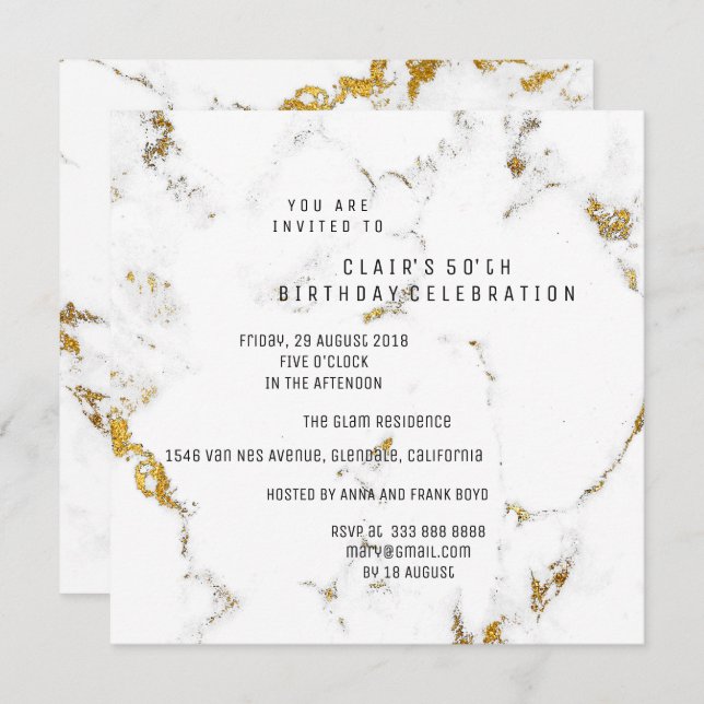 Convite WhiteGold Carrara Marble Square Party (Frente/Verso)