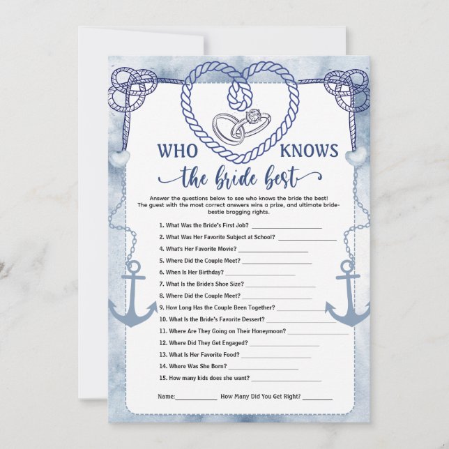 Convite Who Knows the Bride Best Game Nautical Wedding  (Frente)